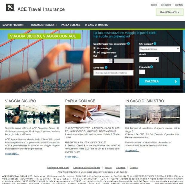 Home page del sito Ace Travel Insurance