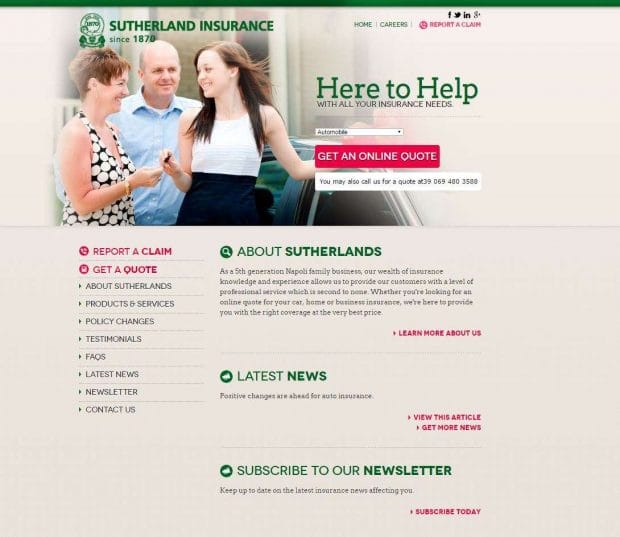 Home page del sito Sutherland Insurance